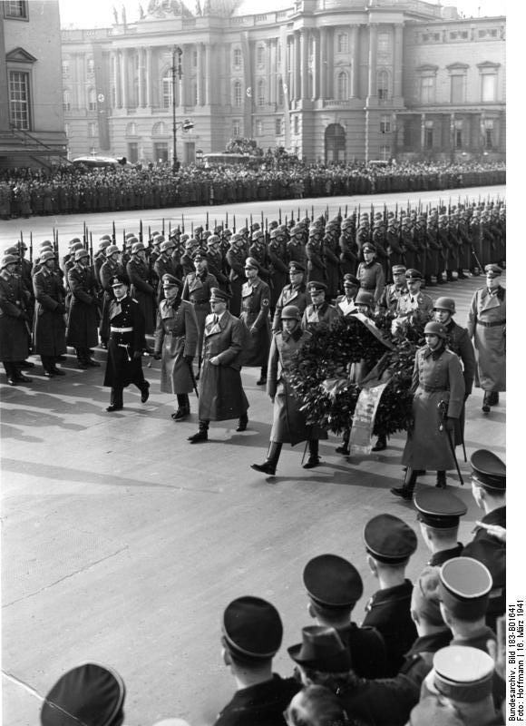Adolf Hitler inspects the honor battalion of the Wehrmacht in front of the memorial Unter den Linden